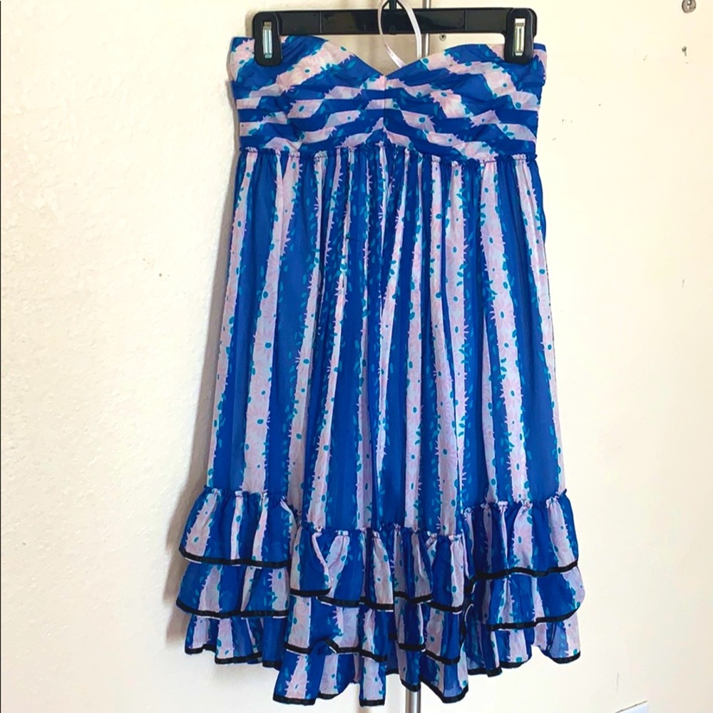 Betsey Johnson Strapless Blue and Lilac Ruffled Dress vintage Y2K